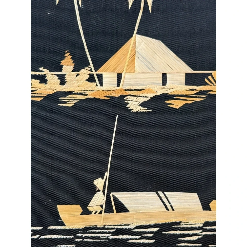 Vintage 60s Set of 2 Bamboo Straw Rice Art Tropical Hut Sailboat Wall Decor